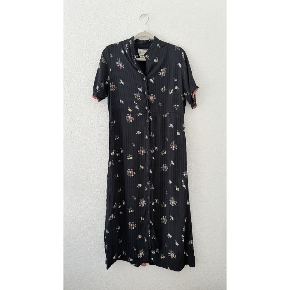 April Cornell M Vintage Inspired Navy Floral Casual Midi Dress, Short sleeve